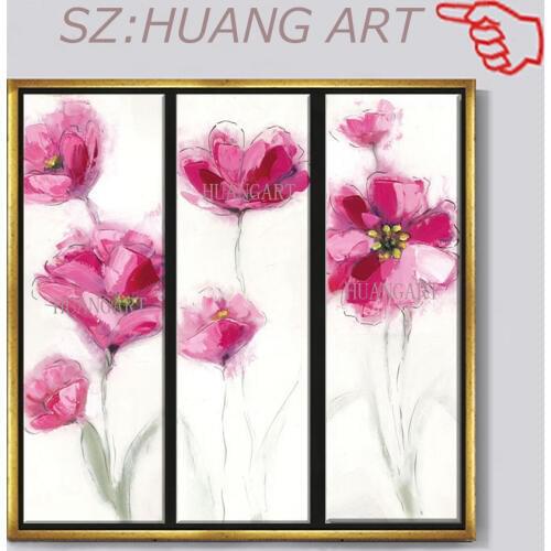 100% hand-painted 3 panel abstract Vertical white flowers oil painting canvas decoration picture wall art modern home paintings