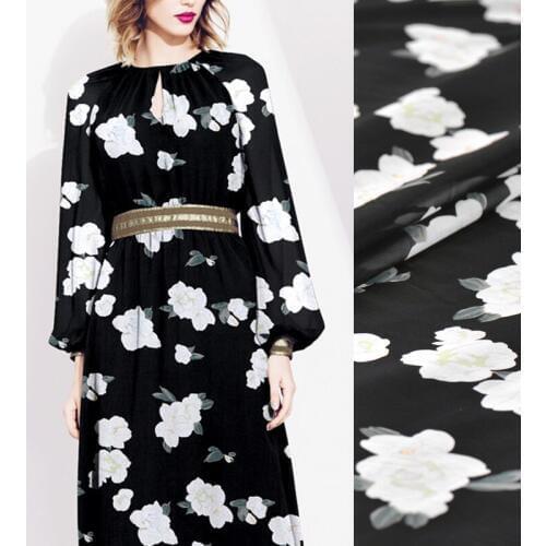 114CM Wide 12MM White Floral Print Thin Black Silk Georgette Fabric for Summer one-piece dress Shirt Clothes J099
