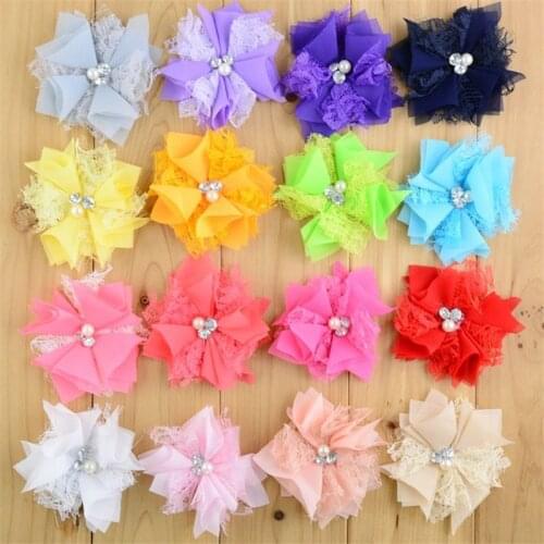 300pcs/lot 16 Color U Pick 3.5 Inch Boutique Chiffon Lace Fabric Flowers With Rhinestone Pearl Center Wholesale Supply MH66