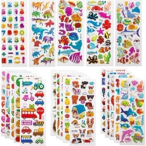 3D Cartoon Stickers for Kids Children DIY Bubble Puffy Sticker 8 Sheets Animal Fish Car Dinosaur Stickers Girls Boys Toys Gifts
