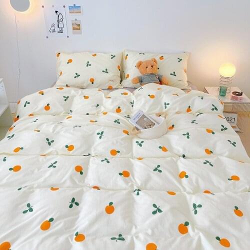 4pcs Cute Orange Bedding Set Twin Full Queen Size Quilt Covers Kawaii Animal Fitted Bed Sheet Pillowcase Bedroom Duvet Cover