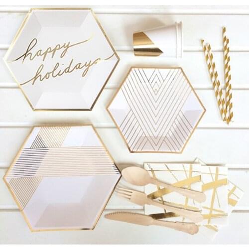 White Bronzing Disposable Tableware Stripe Happy Birthday Letter Cake Plate Paper Cup Kids Birthday Party Supplies Boys Girls