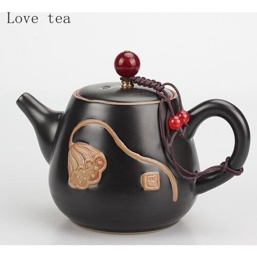 280ml Ding Kiln Black Relief Lotus root Teapot Ceramic Household Kung Fu Tea Set Single Pot Chinese Retro Home Office Tea Set