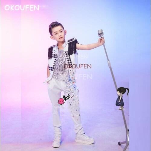 Customized Adult or boys street dance tassels shoulder Vest costumes Childrens performance clothing suit