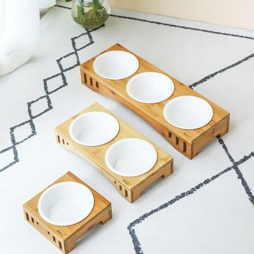 Ceramic Cat Bowl, Dog Bowl, Bamboo and Wood Bowl Holder, Single and Double Bowl, Protect The Cervical Spine, Pet Supplies