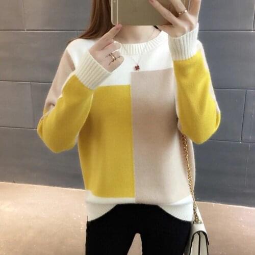 Autumn Winter Korean style Short Loose Contrast Color Sweaters Women O-Neck Long Sleeve Jumper Pullover Knitted Sweater Female