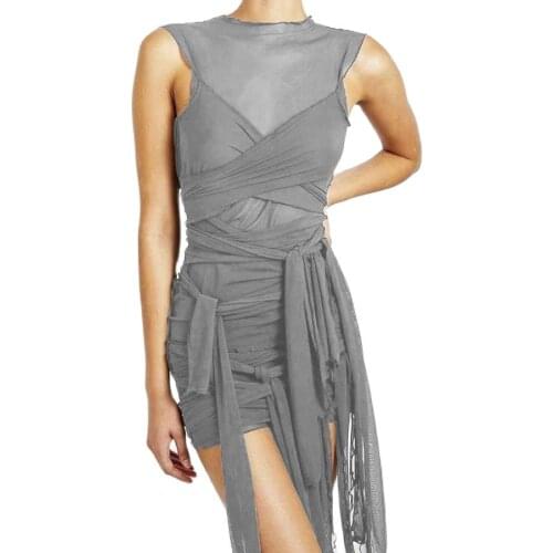 Dress Bodycon Kliou Mini платье Women Party Dresses Outfits See Female Solid Basic Mesh Clubwear Sexy Ribbons Through Sleeveless