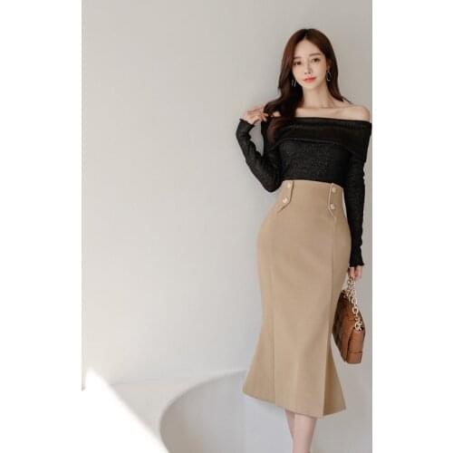 New arrival fashion spring slim set women OL professional black sexy off-shoulder t-shirt and midi mermaid skirt two piece set