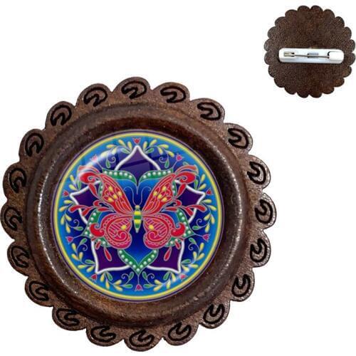 Charm Mandala Wood Brooch Art Picture Henna Yoga Om Symbol Zen Buddhism Glass Cabochon Jewellery For Women Girls Collar Pins