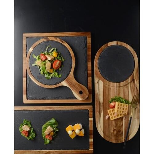 Retro America Style Acacia Wood Bread Plates Black Stone Pizza Peel Multi-Use Serving Tray Sushi/Desserts Plate Tableware