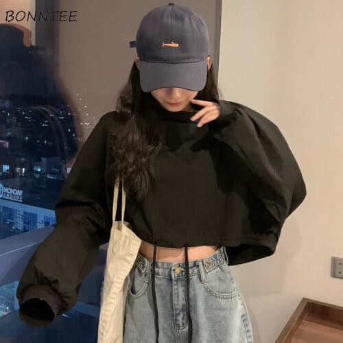 Shirts Women Cropped Ins All-match Slim Daily Ulzzang New Arrival Teenagers Spring Chic O-Neck Solid Casual Design College Soft