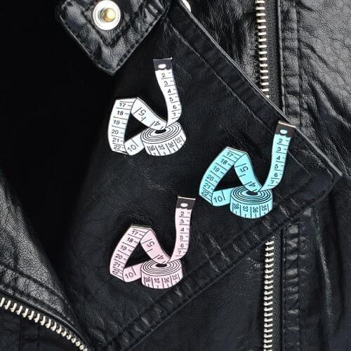 Cute 3 Color Cartoon Measurement Tool Brooch White Blue Pink Tape Measure Enamel Pins Badge Sewing Designer Women Child Jewelry