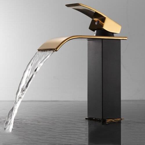 Bathroom Basin Solid Brass Faucet Sink Mixer Hot & Cold Single Handle Deck Mounted Waterfall Type Lavatory Crane Water Tap Gold