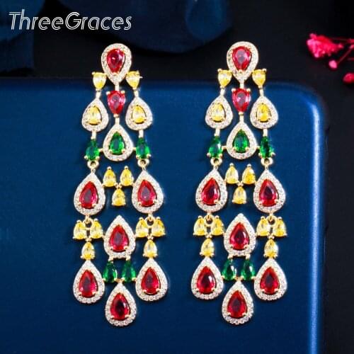 ThreeGraces Luxury Bridal Wedding Party Long Dangle Chandelier Drop Earrings for Bride Yellow Gold Color CZ Zircon Jewelry ER567