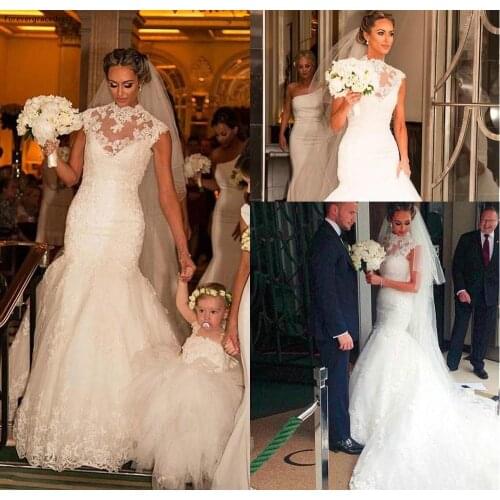 Vintage High Neck Lace Mermaid Wedding Dress Country Style Cap Sleeves Formal Bridal Gown Plus Size Custom Made