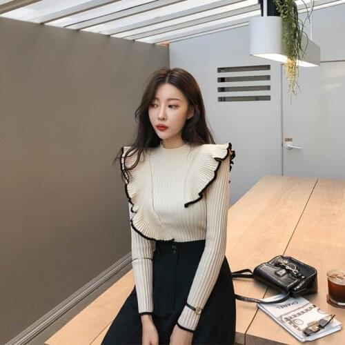 Vintage Ruffles Short Knitted Sweater Women Women Sweater O Neck Long Sleeve Pullovers Chic Sweet Tops