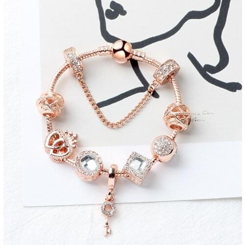 Rose Gold Snake Chain Women Bracelet Crystal Key Bracelet DIY Charms Jewellery