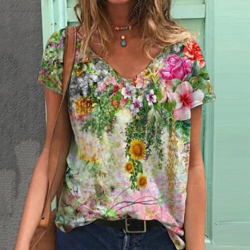 Women 3D Floral Printed T-shirt Loose Short Sleeve V-neck Tops Summer Boho Graphic Tees Casual Tops Streetwear Plus Size S-5XL