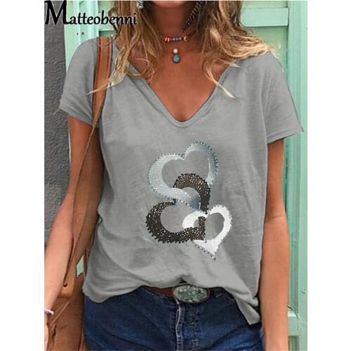 Ladies Casual T-Shirt 2021 New Summer V-Neck Cute Love Print T-Shirt Tops Oversize S-5XL Short Sleeve Loose Street Women T-Shirt