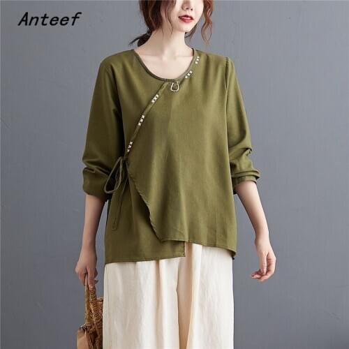 Korean style cotton linen plus size vintage autumn casual loose tee t shirt women t-shirt ladies tshirt clothes 2021 tops