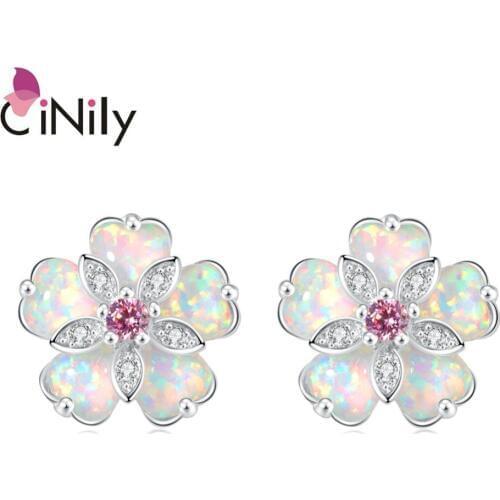 CiNily Pink Topaz Cubic Zirconia White Fire Opal 925 Sterling Silver Stud Earrings for Party Women Fine Jewelry Earring SE012