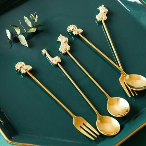 Gold Stainless Steel Coffee Ladle Cute Cartoon Animal Design Cake Fork Creative Mixing Spoon Restaurant Coffee Tool Giraffe Set