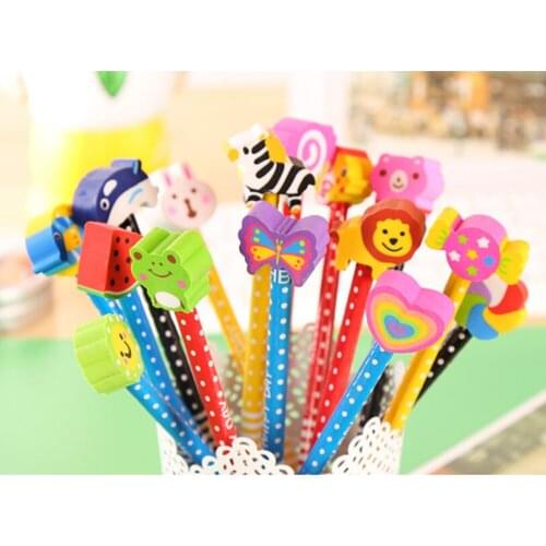 1 Pcs Wooden Animals students Pencil With Rubber Eraser Head cute study Cartoon kids pencil gifts