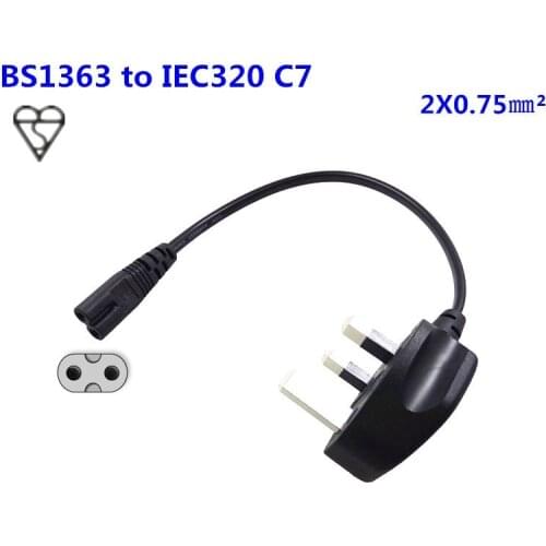 20CM BS1363 UK HK 3pin male Plug to IEC 320 C7 female AC Short Power Cable Cord Adapter Charger Monitor 10A 250V IEC320