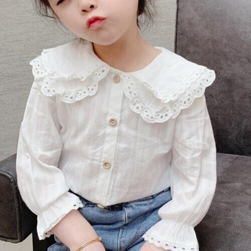 2021 Girl Style Lapel Blouse With Flared Sleeves Autumn Cotton Baby Toddler Teen Princess School Girls Blouse