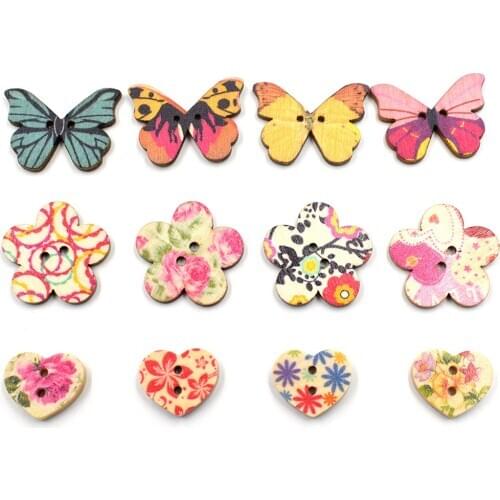 30pcs random mixed pattern Wood Buttons Love heart/Flower/Butterfly Sewing DIY Clothing Crafts Accessories Gift Card Decoration