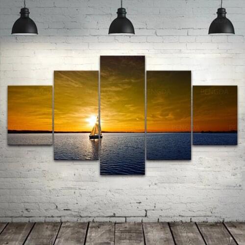 5 Pieces Hd Prints Sunset Canvas Painting Wall Artwork Modular Sailboat Pictures Sea Scereny Poster Home Decor Bedroom Framework