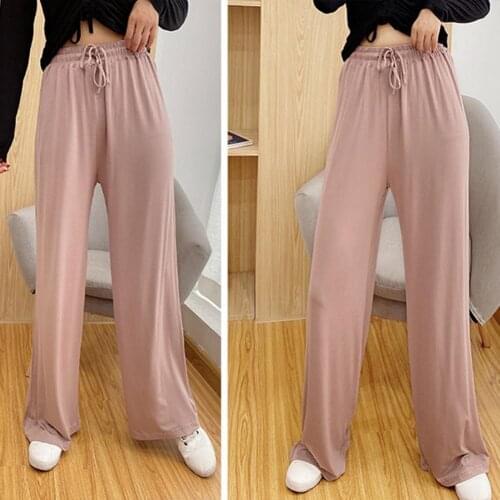 Summer Women Pants Casual Solid Color Wide Leg Mid Rise Drawstring Loose Slim Trousers Slacks Boot Cut Pants