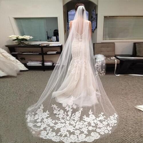 Eightale 3M Bridal Veil with Comb Lace Appliques Edge Tulle Bride Veil One Layer White Ivory Wedding Accessories