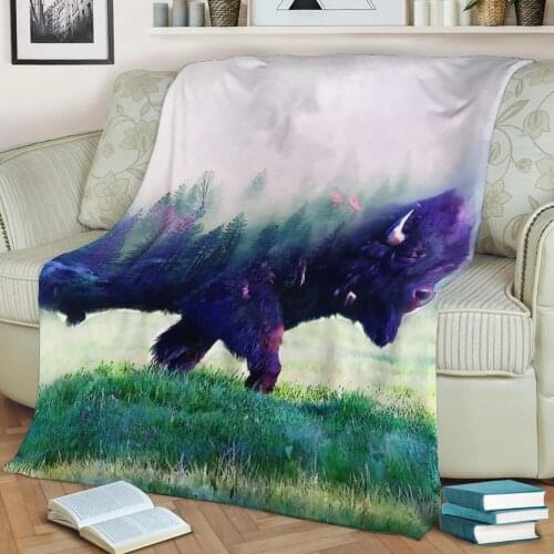 Bison and Forest Flannel Throw Blanket 3D Printed Keep Warm Sofa Child Blanket Home Decor Textiles Dream Family Gift