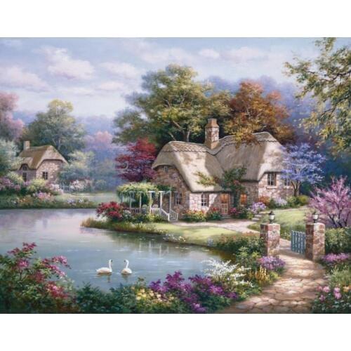Handmade wall art oil painting garden modern pictures Swan Cottage beautiful landscape artwork for living room decor Qaulity