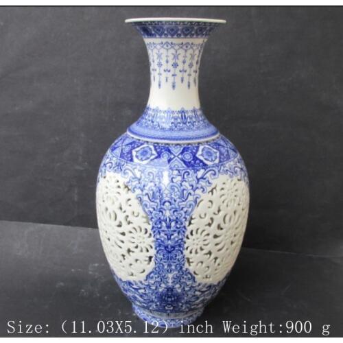 Exquisite Chinese Classical Antique hollow-out porcelain vase painted with two birds and flowers