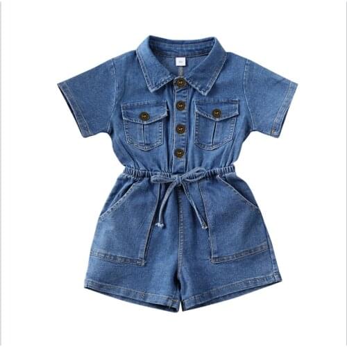 Fashion Toddler Kids Baby Girl Blue Denim Romper Turn-down Collar Short Sleeve Jumpsuit Baby Girl Streetwear Jumpsuits 1-5Y