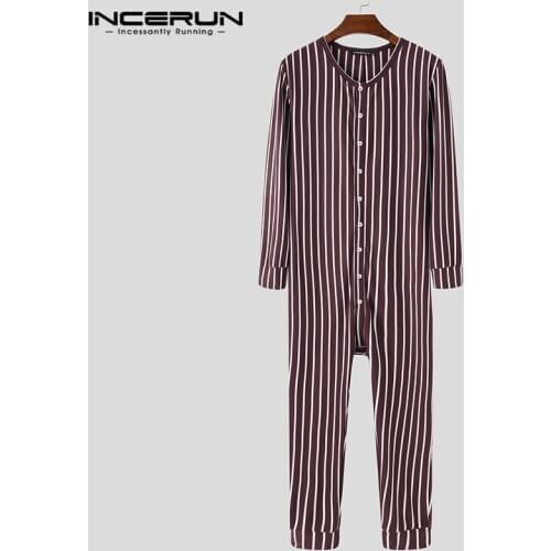 Men Striped Pajamas Jumpsuits 2021 Long Sleeve Button Leisure Homewear Rompers Comfortable O Neck Mens Sleepwear S-5XL INCERUN