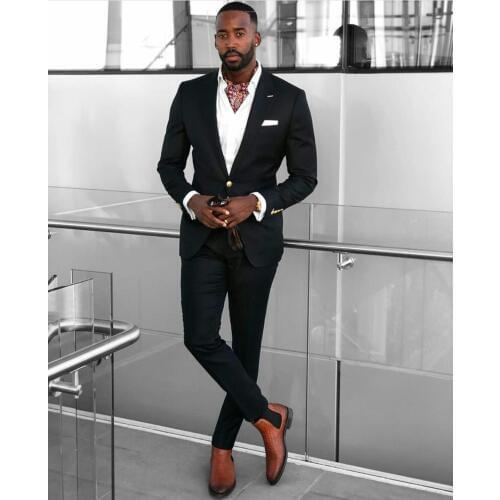 Handsome Black Wedding Tuxedos Peaked Lapel Slim Fit One Button Groom Wear Formal Party Prom Men Suit Blazer (Jacket+Pants)