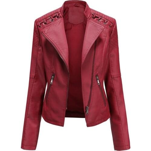 Turn-down Collar PU Faux Leather Jackets Women Luxury Jacket Black Pink Red Biker Coat