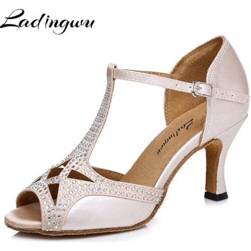 Ladingwu latin Dance Shoes Women Unique tailoring Apricot PU and Rhinestones Salsa Dance Shoes Soft Bottom Ballroom Dance Shoes