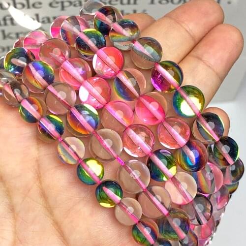 Natural Fuchsia Multicolor Austrian Crystal Beads Round Glitter Moon Stone Beads For Jewelry Making Diy Bracelet 6 8 10 12mm 15"