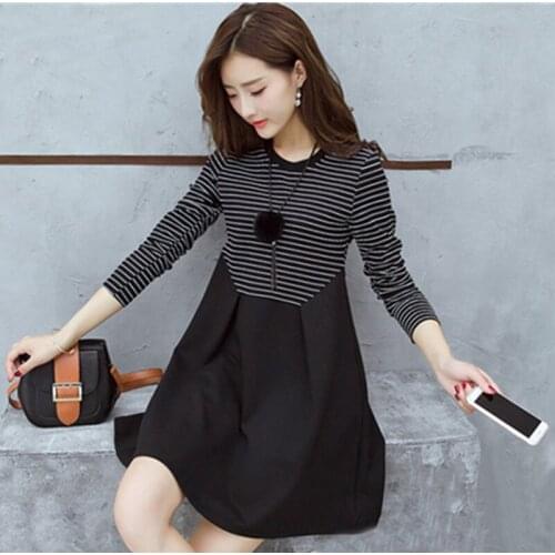2019 autumn womens long sleeve o-neck basic one piece dress female patckwork stripe office lady slim dress