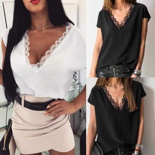 Sexy Summer Women T-Shirt Top Solid Color Lace V Neck Short Sleeve T-Shirt Top For Womens Clothings