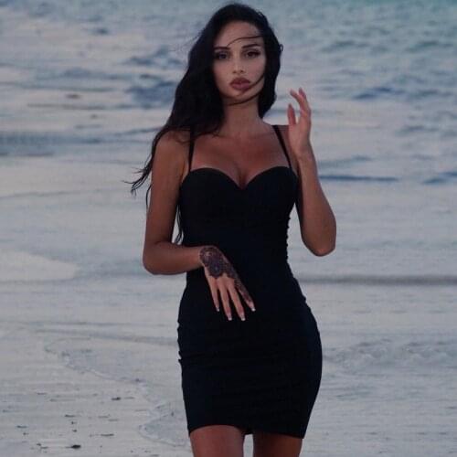 WJFZQM Sexy Black Party Dress Women Spaghetti Strap Dresses Female Club Bodycon Dress Short Summer 2021 Mini Sleeveless Vestidos
