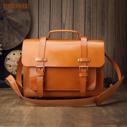 Vintage high quality natural genuine leather mens briefcase casual cowhide handbag business luxury work shoulder messenger bag