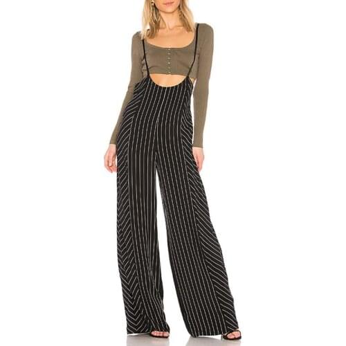 Clearance stock Slim Stripe High Waist Bib Pants Women Summer Wide Leg Pants Trousers Casual Pants Sling Jumpsuit F941