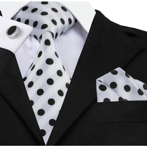 SN-1057 Black White Dot Tie Hanky Cufflinks Sets Mens 100% Silk Ties for men Formal Wedding Party Groom