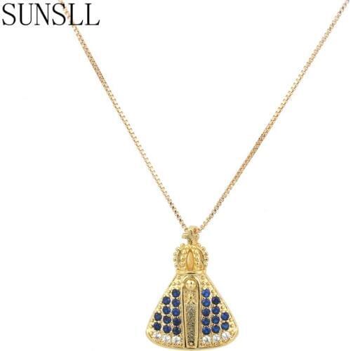 SUNSLL Hot Selling New Fashion Golden Copper Blue Cubic Zirconia Pendant Necklace Women Jewelry Colar Feminina Gift Anniversary