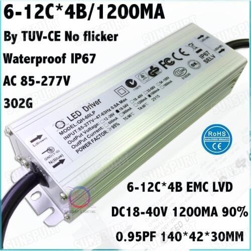 2Pcs By CE No Flicker 60W AC85-277V LED Driver 6-12Cx4B 1.2A DC18-40V Constant Current WP-IP67 For LED Spotlights Free Shipping